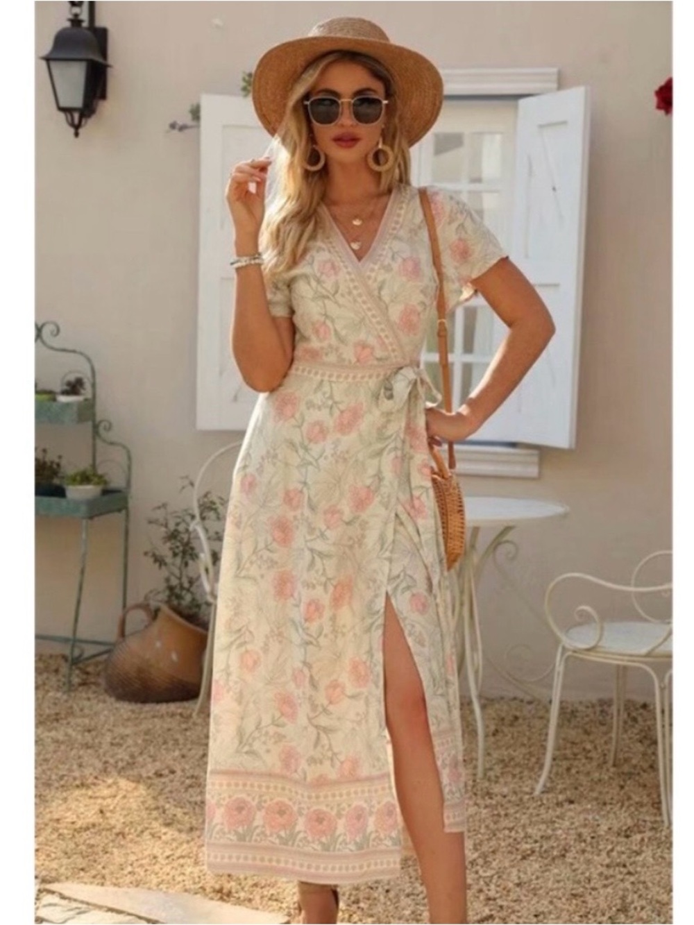 Floral Wrap Maxi Dress in Soft Cream and Pink